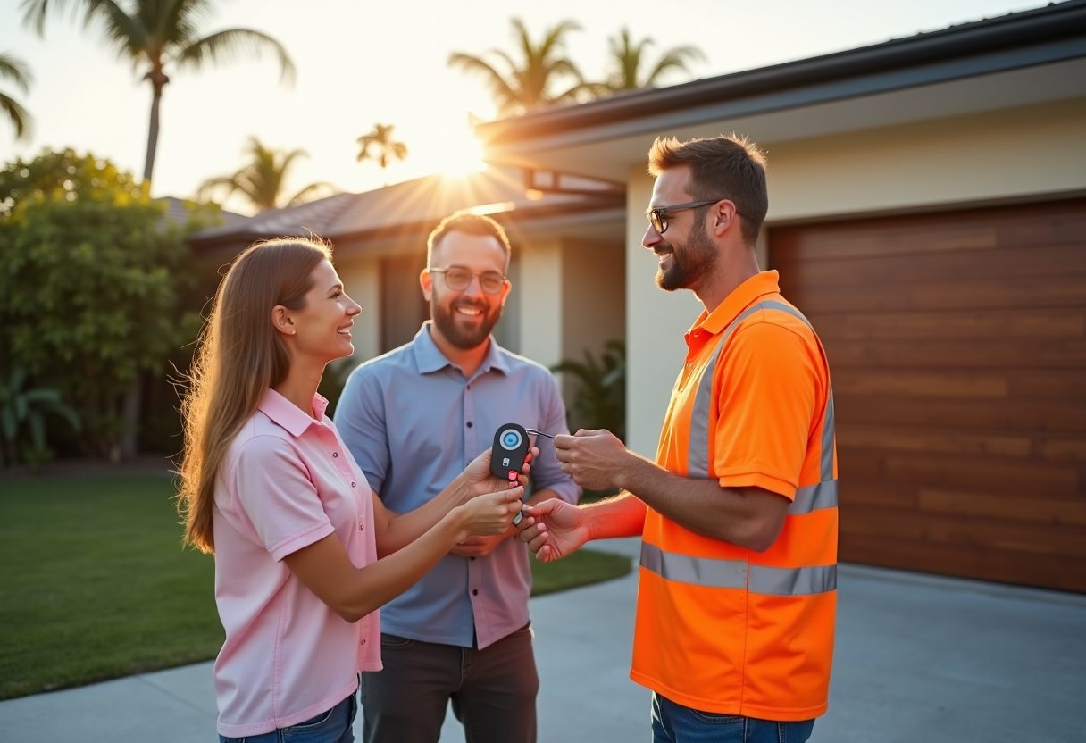 Technician handing over a garage remote at sunset — Surfers Paradise