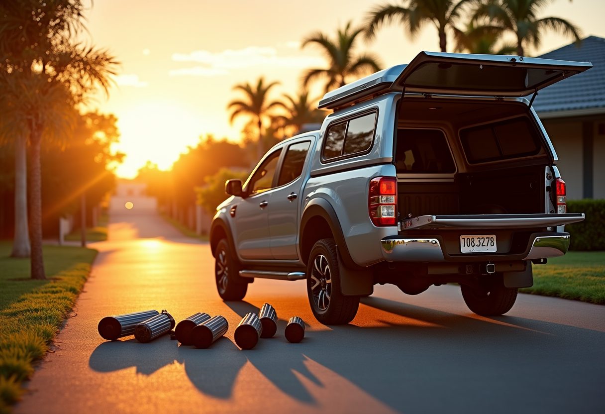 Technician ute with parts laid out at sunset — Surfers Paradise